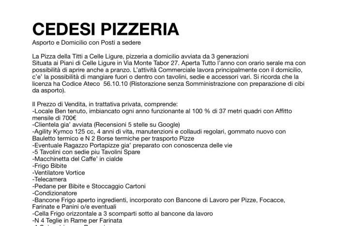 Vendita Ristoranti CEDESI PIZZERIA A DOMICILIO CELLE LIGURE a Celle Ligure (SV)
